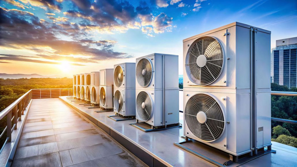 Row of Air Conditioner Compressors on Apartment Balcony - Stock Photo
